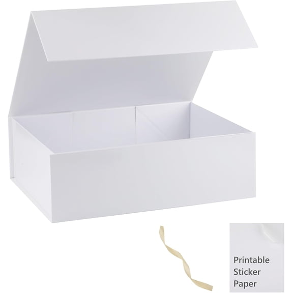 White Extra Large Gift Box with Lid, 19x16x6 Inches, Includes Ribbon and Printable Sticker Paper