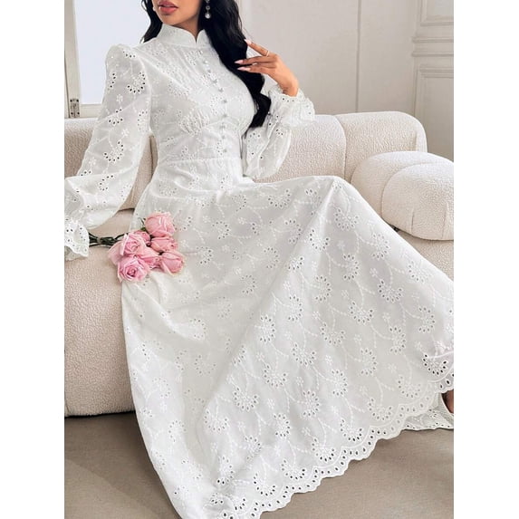 White Eyelet Lace Maxi Dress With High Neck And Puff Sleeves