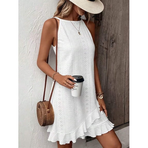 White Eyelet Lace Sleeveless Halter A-Line Sundress With Ruffle Hem For Summer Vacation