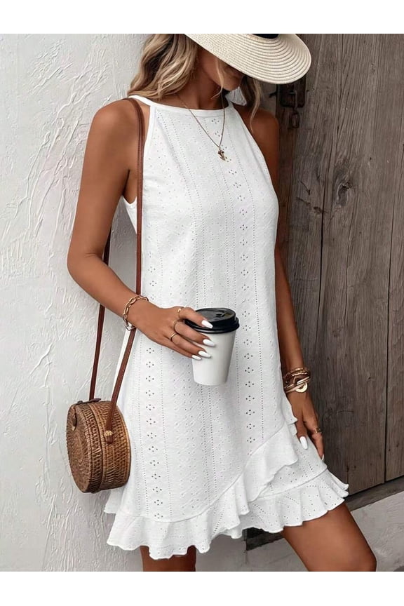 White Eyelet Lace Sleeveless Halter A-Line Sundress With Ruffle Hem For Summer Vacation