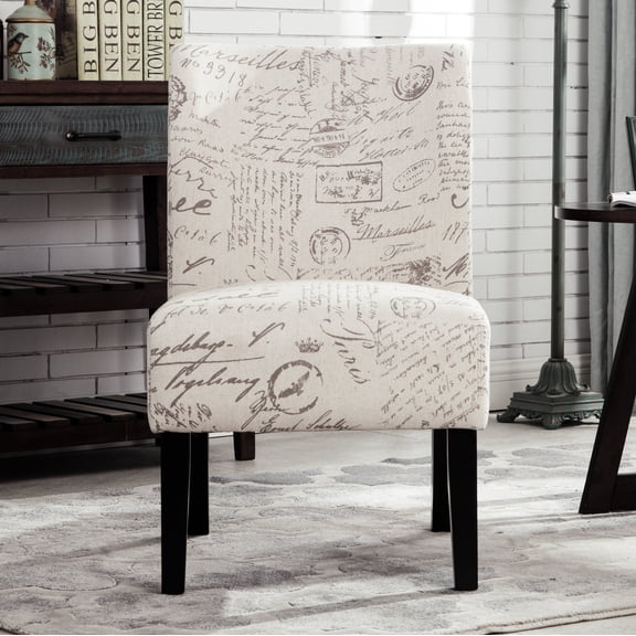 White Fabric Accent Chair with English Letter Print - Space Saving Armless Chair for Living Room, 21.63 Wide