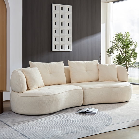 White Fabric - Comfortable Seating for 4 - Living Room - Easy Assembly with Removable Pillows