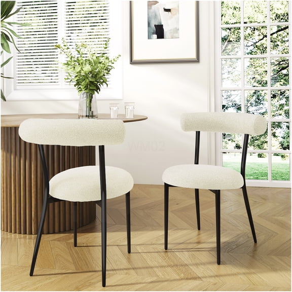 White Fabric Dining Chairs, Set of 2 Modern Upholstered Side Chairs with Open Backrest & Metal Frame for Kitchen, Dining Room