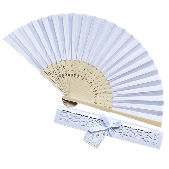 White Fabric Folding Hand Fan with Tassel and Pouch – Elegant Foldable Handheld Fan for Women, Wedding Fans for Guests, Chinese and Japanese Style Asian Gift for Party, Dance & Home Decoration