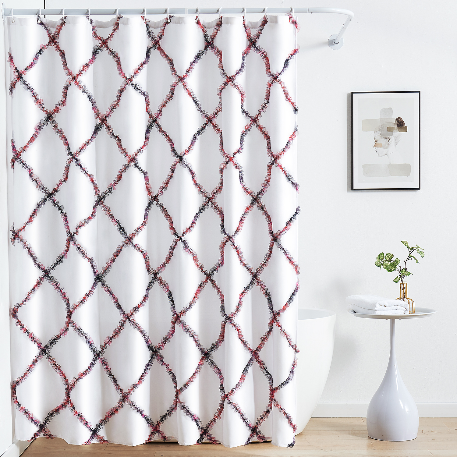 White Fabric Lace Ruffled Textured Shower Curtain for Bathroom, Weave