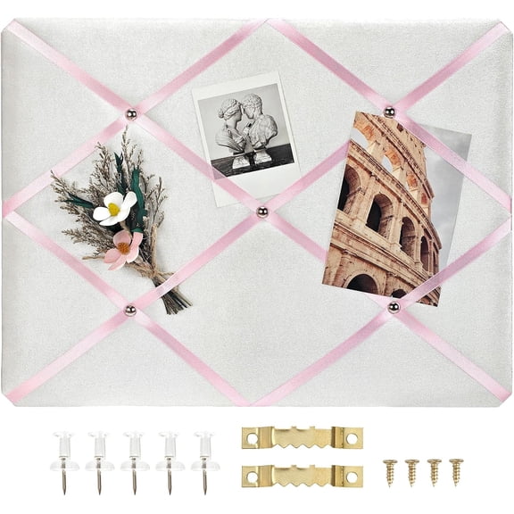 White Fabric Memo Bulletin Board, 17x13 inches Velvet Pin Board for Wall, Vision Board Message Board with Pink Criss-Cross Ribbons for Home Office School Wall Decor(PK Ribbon,4333)