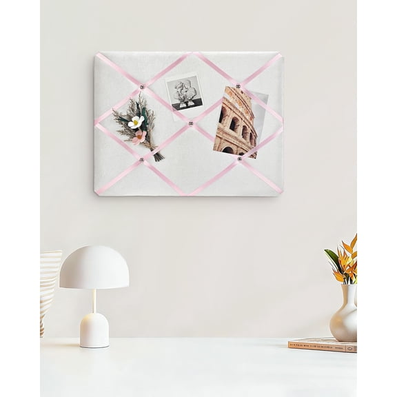 White Fabric Memo Bulletin Board, 17x13 inches Velvet Pin Board for Wall, Vision Board Message Board with Pink Criss-Cross Ribbons for Home Office School Wall Decor(PK Ribbon,4333)$$