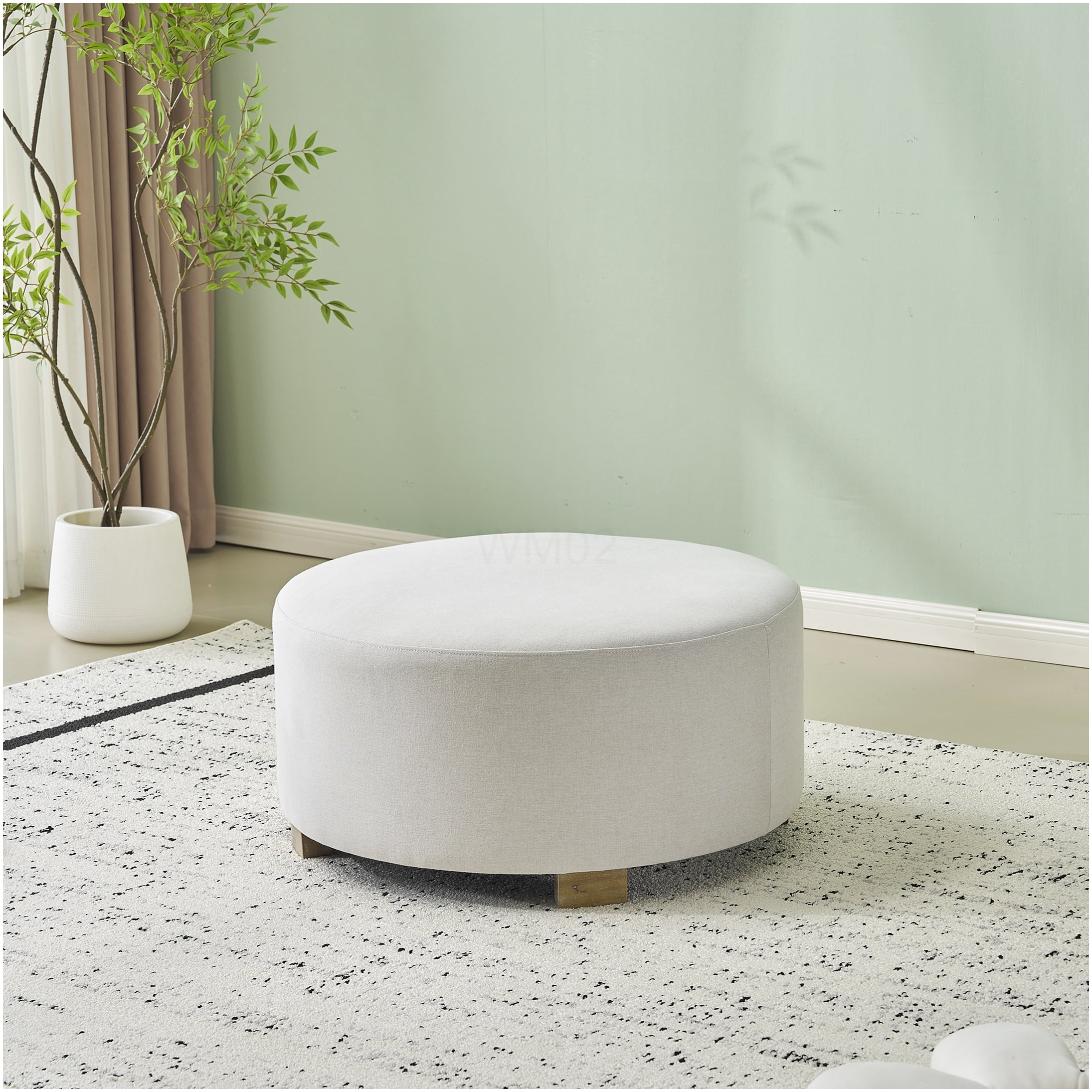 White Fabric Ottoman with Wooden Legs, Round Foot Rest Stool for Living Room, Bedroom Accent Seating