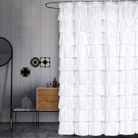 White Fabric Ruffle Shower Curtain Bathroom Use
