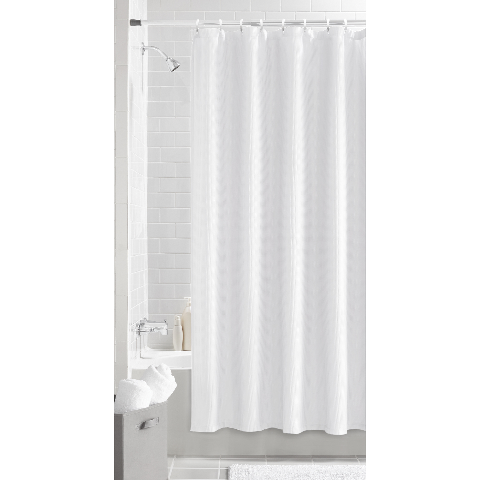 White Fabric Shower Curtain, 70" x 72", Mainstays Classic Waffle Weave Design - image 1 of 5