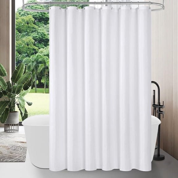 White Fabric Shower Curtain Liner - Heavy, Simple Shower Curtain or Liner for Modern Neutral Hotel Bathroom Decor, Waterproof Cloth & Machine Washable, 12 Plastic Hooks, 72" W x 72" H