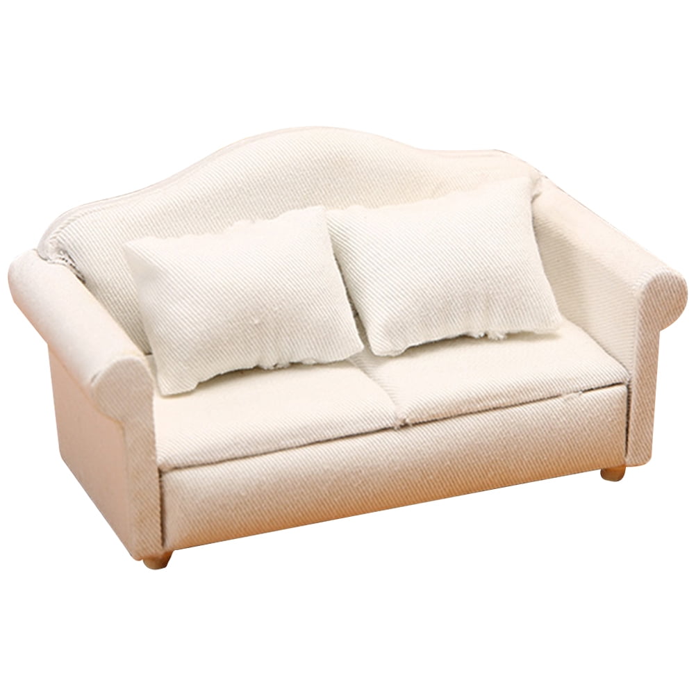 White Fabric Sofa Tiny House Furniture Miniature Loveseat Recliner Doll Decor Accessories Scene