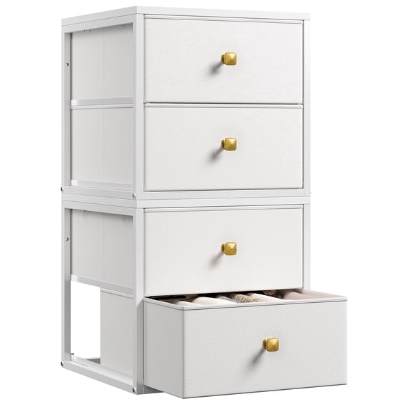 White Fabric Stackable Storage Drawers Closet Organizer & Storage with Fabric Drawers & Wood Top & Metal Frame, 4 Drawers Total, 22LBS/Drawer