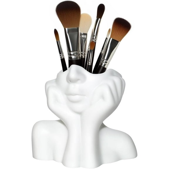 White Face Makeup Brush Holder Organizer, Female Form Head Half Body Cosmetic Tools Storage Cup, Funny vinyl Pen Holder for Desktop, Office, Bathroom, Living Room, Freestanding Home Decor