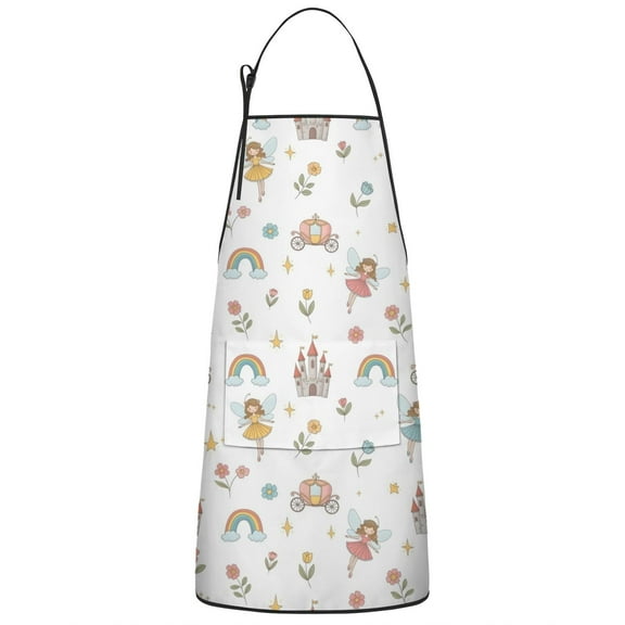 White Fairy Castle Pattern Apron-Garden Aprons for Women with Pockets-Cotton Linen Waterproof Kitchen Cooking Gardening Aprons Adjustable for Kitchen,Cooking,BBQ and Salon 33x27 Inch