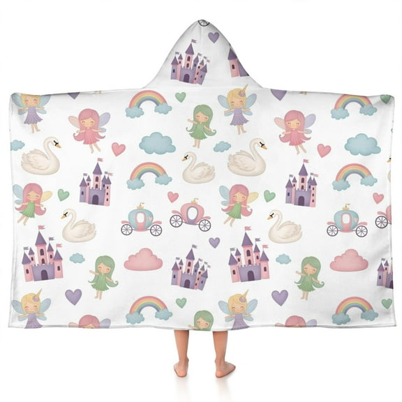 White Fairy Castle Pattern Hooded Bath Towel，50"x30" for Ages 3 To 12 Kids, Quick Dry Lightweight Soft Microfiber Hood Beach Towel Cover Up for Kids