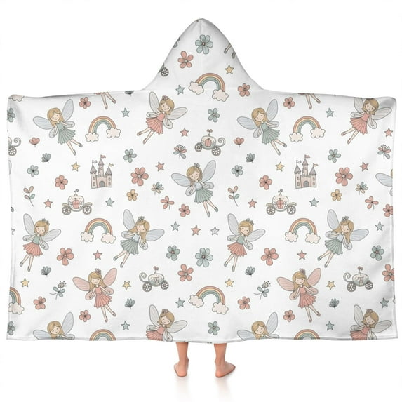 White Fairy Castle Pattern Hooded Bath Towel,60"x35" for Ages 3 To 12 Kids, Quick Dry Lightweight Soft Microfiber Hood Beach Towel Cover Up for Kids