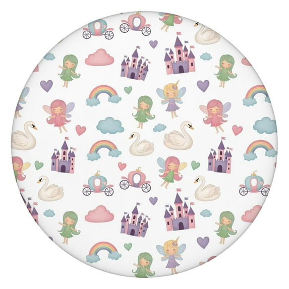 White Fairy Castle Pattern Round Fitted Tablecloth with Elastic Edge,Dining Table Cover Waterproof,Outdoor Round Tablecloth for Camping,Dining,Indoor and Outdoor