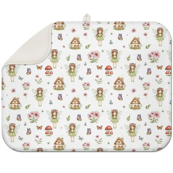 White Fairy Cottage Princess Pattern Dish Drying Mat for Kitchen 1 Pack, Ultra Absorbent Microfiber Dishes Drainer Mats,18"x24"