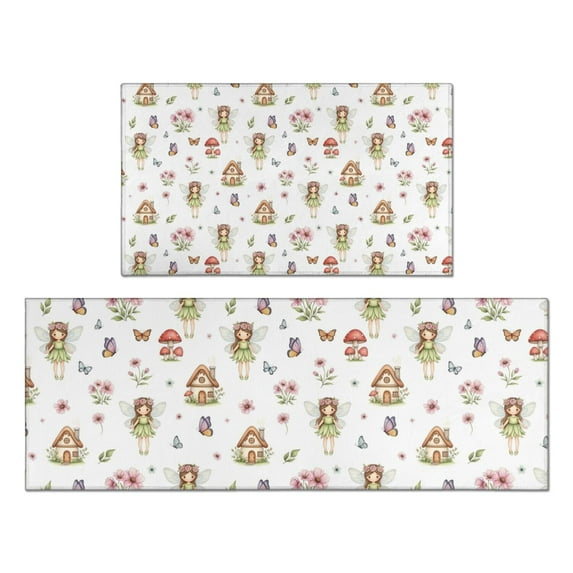 White Fairy Cottage Princess Pattern Kitchen Rugs Sets Of 2,Anti Fatigue Kitchen Mat Rugs Non Slip Washable,Decorative Kitchen Floor Mats for Kitchen,Sink,Laundry,17"x30"+17"x47"