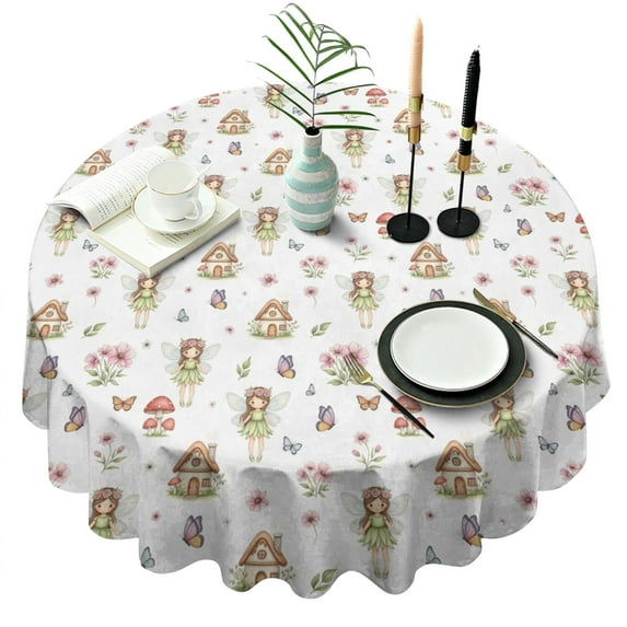 White Fairy Cottage Princess Pattern Round Tablecloth 60"x60",Wrinkle Wipeable Table Cloth for Kitchen Dining Room Picnic Patio Party