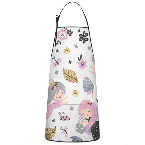 White Fairy Flower Pattern Apron-Garden Aprons for Women with Pockets-Cotton Linen Waterproof Kitchen Cooking Gardening Aprons Adjustable for Kitchen,Cooking,BBQ and Salon 33x27 Inch