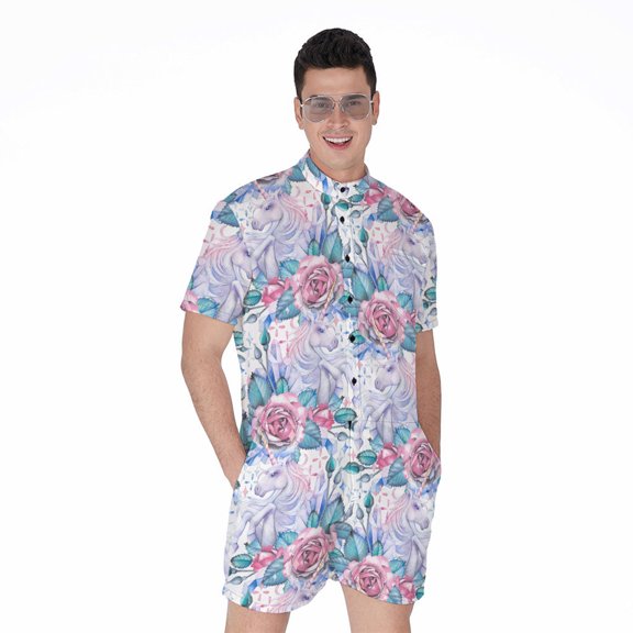 White Fairy Rose Unicorn Pattern Short Sleeve Men'S Rompers, Unicorn Casual Summer Jumpsuits Outfit