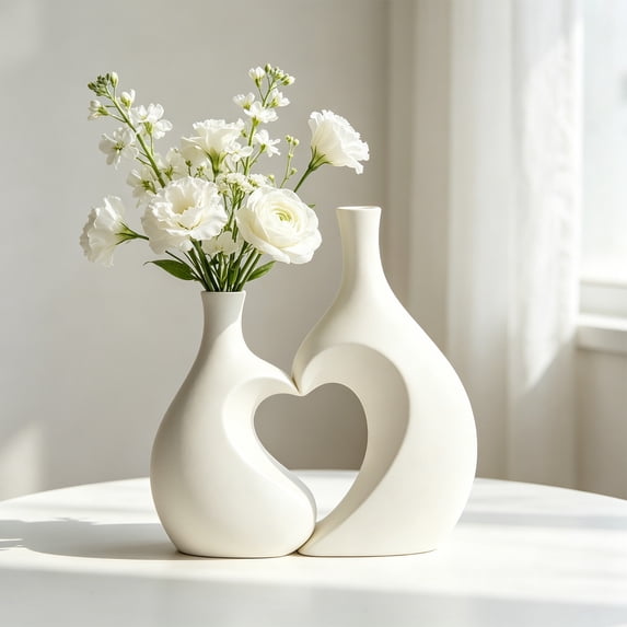 White Fake Ceramic Vase Set of 2,Heart Shaped vase,Heart Puzzle Couple Vase for Wedding Table Centerpiece and Romantic Gifts for Couples