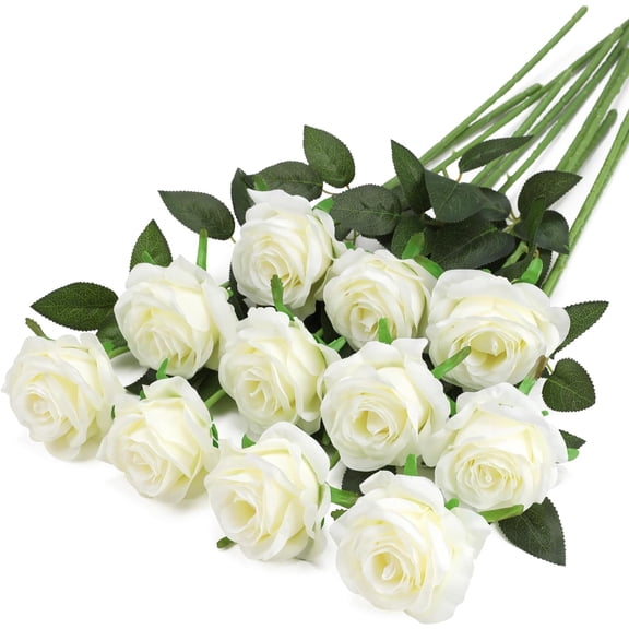 White Fake Roses Artificial Flowers - Fake Artificial Roses Silk Flowers with Stems for Home Wedding Hotel Office Centerpiece Decor