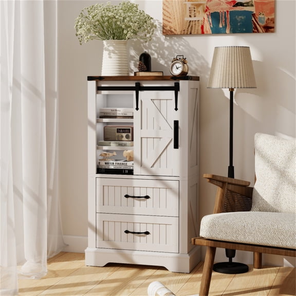 White Farmhouse Accent Cabinet with Sliding Barn Door 2 Drawers 4 Adjustable Shelves Bathroom Storage Organizer for Living Room Entryway Kitchen Rustic Furniture Multi Use Freestanding Cabinet