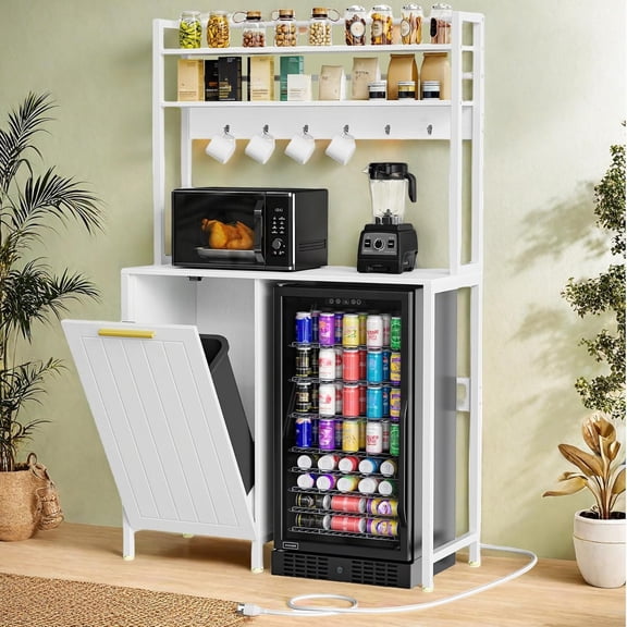 White Farmhouse Bakers Rack with Trash Bin, Power Outlets & Mini Fridge