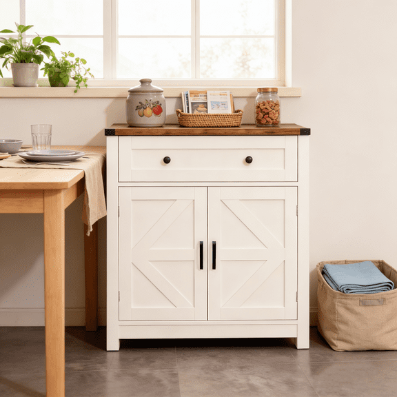 White Farmhouse Barn Door Storage Cabinet with Wood-Grain Top Modern Coffee Bar Buffet Sideboard with Drawer for Kitchen, Dining Room, and Entryway