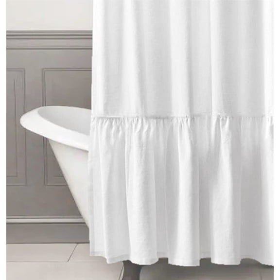 White Farmhouse Boho Shower Curtain With A Ruffle Hem Linen Blend For Bathroom 72"x72"
