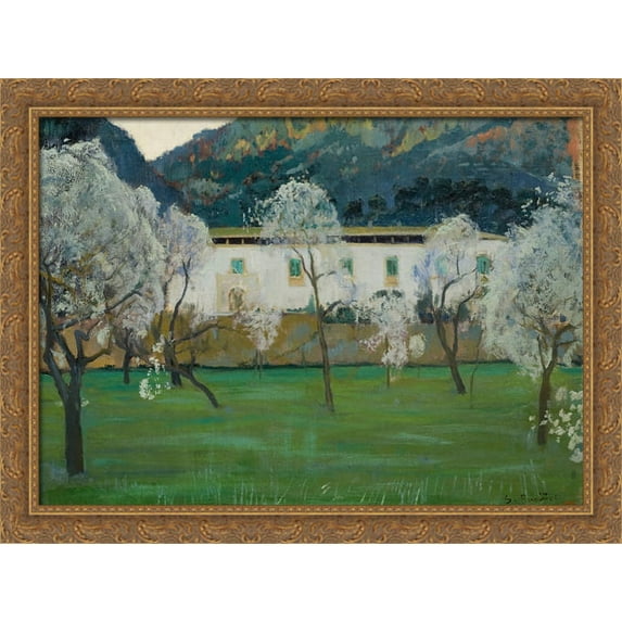 White Farmhouse (Bunyola, Majorca) 36x28 Large Gold Ornate Wood Framed Canvas Art by Santiago Rusinol