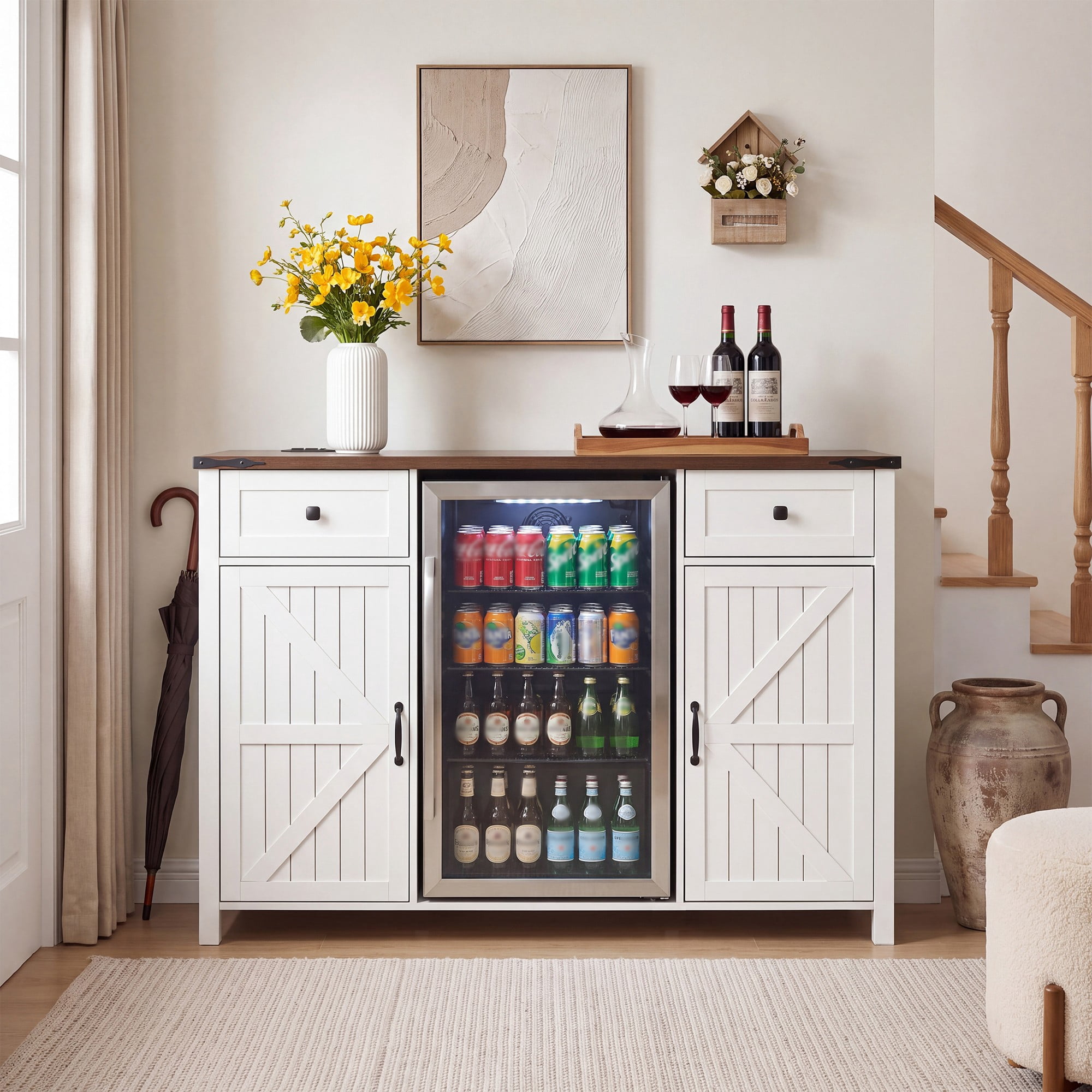 White Farmhouse Coffee Bar Cabinet with Mini Fridge Space, Built-in ...