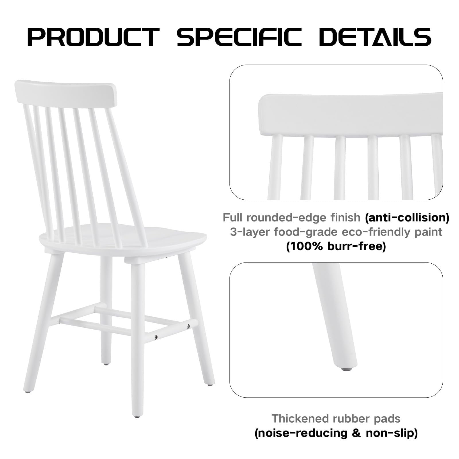 White Farmhouse Dining Chairs Set of 4, Mid Century Modern Spindle Back Wooden Dining Room Chairs for Kitchen & Living Room
