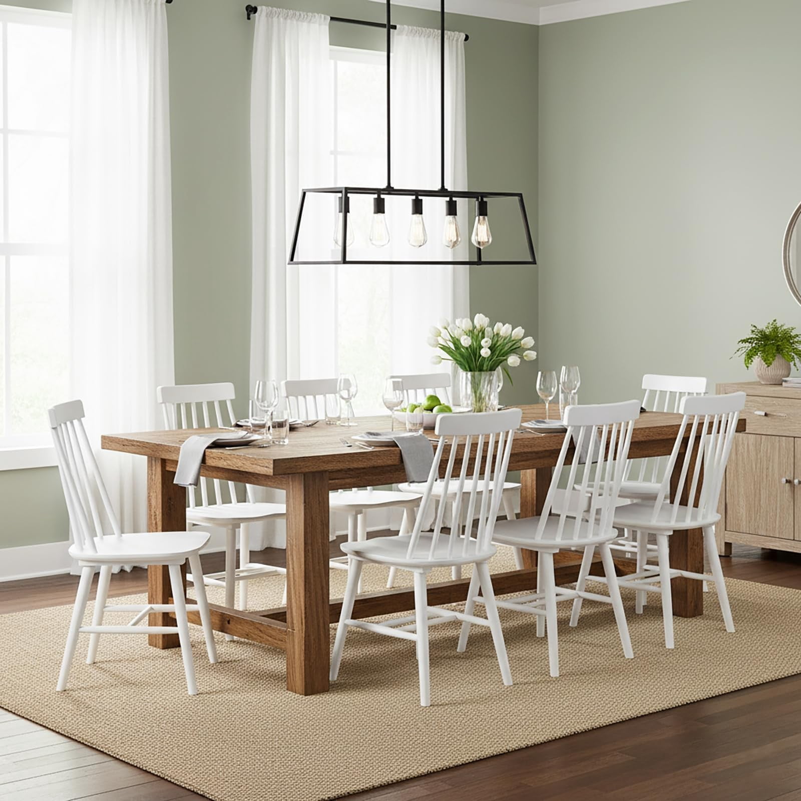 White Farmhouse Dining Chairs Set of 8, Mid Century Modern Spindle Back Wooden Dining Room Chairs for Kitchen & Living Room
