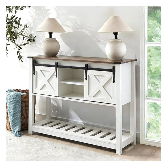 White Farmhouse Entryway Table, Rustic Hallway Table with Storage Shelf, Sofa Table with Sliding Barn Doors for Hallway, Entryway, Living Room, Foyer