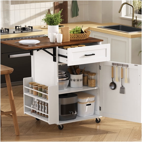 White Farmhouse Kitchen Island Cart with Drop Leaf, Mobile Kitchen Storage Cart with 2-Tier Open Shelf, Large Drawer, Towel Rack & Locking Casters for Indoor & Outdoor Use