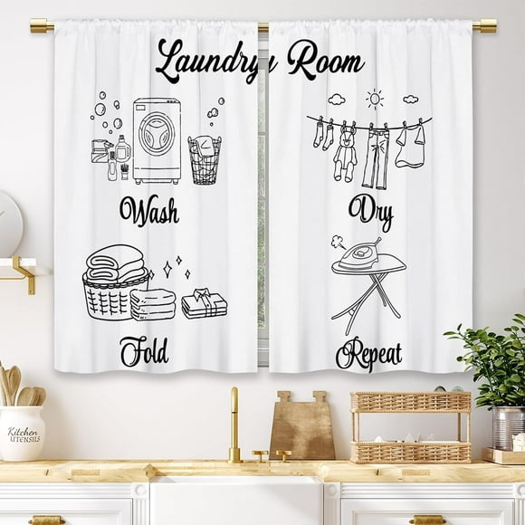 White Farmhouse Laundry Curtains Laundry Room Rules Small Short Cafe Window Curtains Wash Dry Fold Repeat Rod Pocket Bathroom Window Drapes Treatment Tier Curtains 2 Panels (27.5x36 Inch)