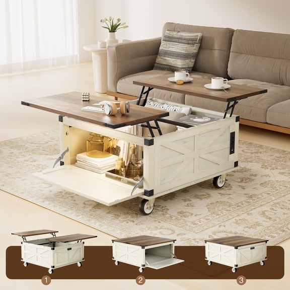 White Farmhouse Lift Top Wood Square Coffee Table with Storage, LED Lights and Rolling Wheels