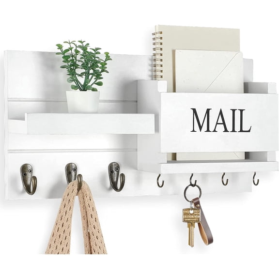 White Farmhouse Mail Organizer Wall Mount with Hooks, Rustic Entryway Storage for Letters, Keys & Decor
