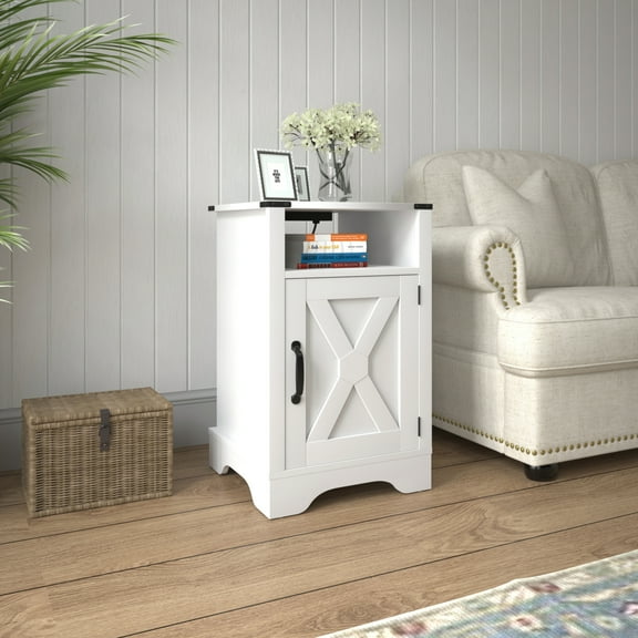 White Farmhouse Nightstand Side Table with Charging Station Rustic Wooden End Table for Bedside or Entryway