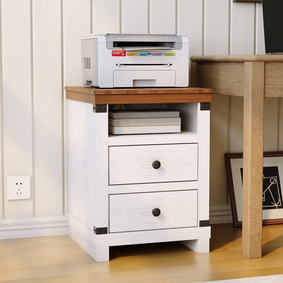 White Farmhouse Nightstand with Charging Station, 2 Drawers & Shelf, USB/AC Outlets for Tiny Bedroom
