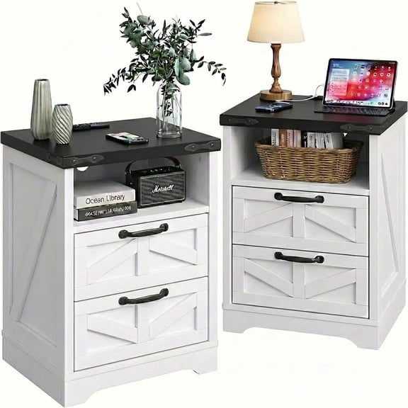 White Farmhouse Nightstands Set of 2, Wooden Bedside Table with Charging Station, White End Table with 2 Drawers, Night Stands for Bedroom Storage