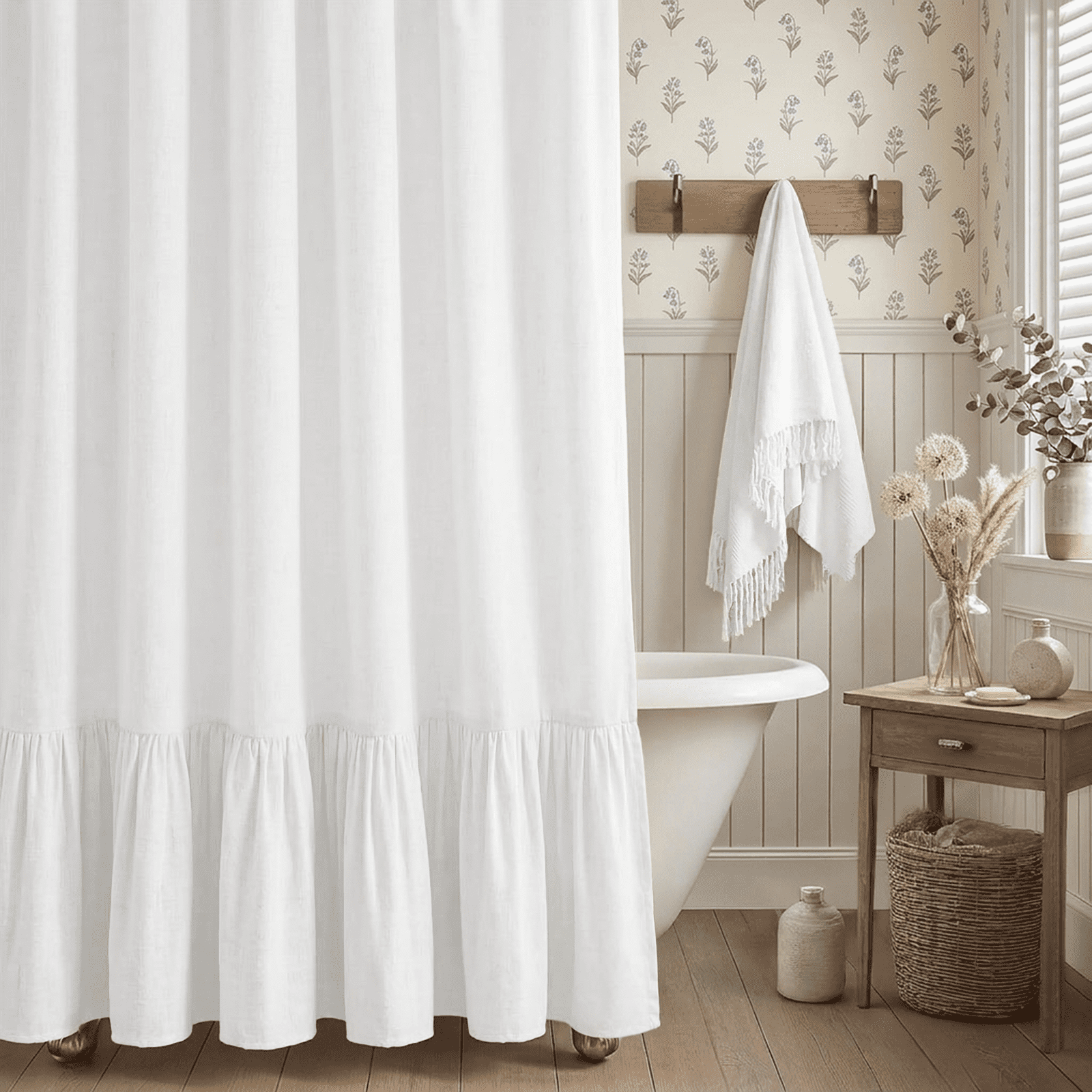 NixiYa White Farmhouse Shower Curtain Ruffle Linen Shower Curtain for Bathroom 72"x 72"