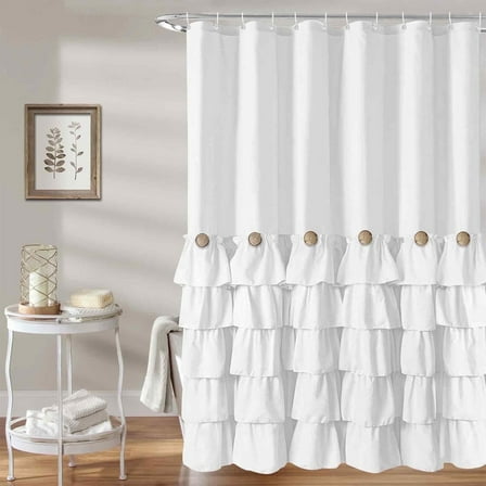 Seasonwood White Farmhouse Shower Curtains Cute Ruffle Shower Curtain Fabric with Buttons & White Ruffles for Bathroom Bathtubs Decor,12pcs Hooks,72"x72"
