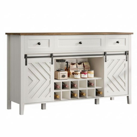 White Farmhouse Sideboard Buffet Cabinet With Wine Rack Sliding Barn Doors And Drawers