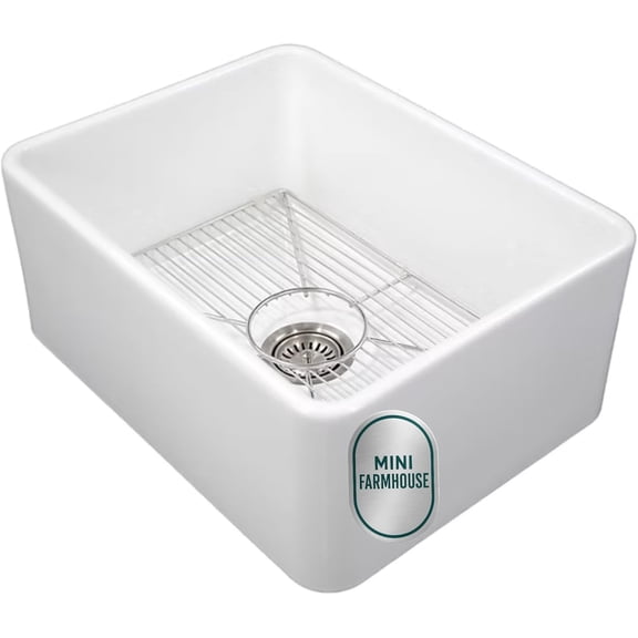 White Farmhouse Sink 23 Small Single Bowl Fireclay Kitchen or Bar Sink with Apron Undermount, Gloss Glaze, Basket Strainer Drain & Bottom Grid Included HP-FC23W-GRD