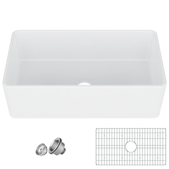 White Farmhouse Sink Fireclay Apron Front Single Bowl Kitchen Sink Deep Drop In Farm Sink Undermount with Protective Bottom Grid and Sink Strainer